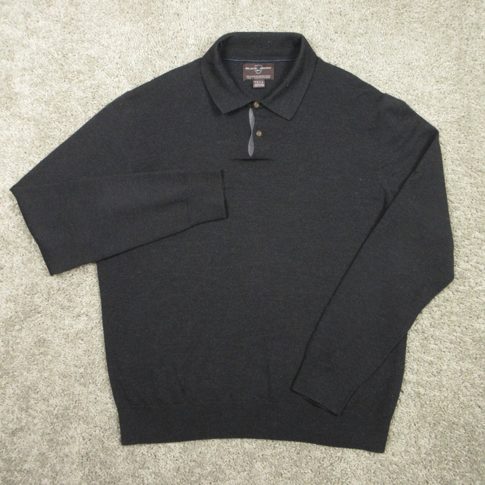 Black Brown 1826 Men XL Black Solid Extrafine Merino Wool Collared Polo Pullover